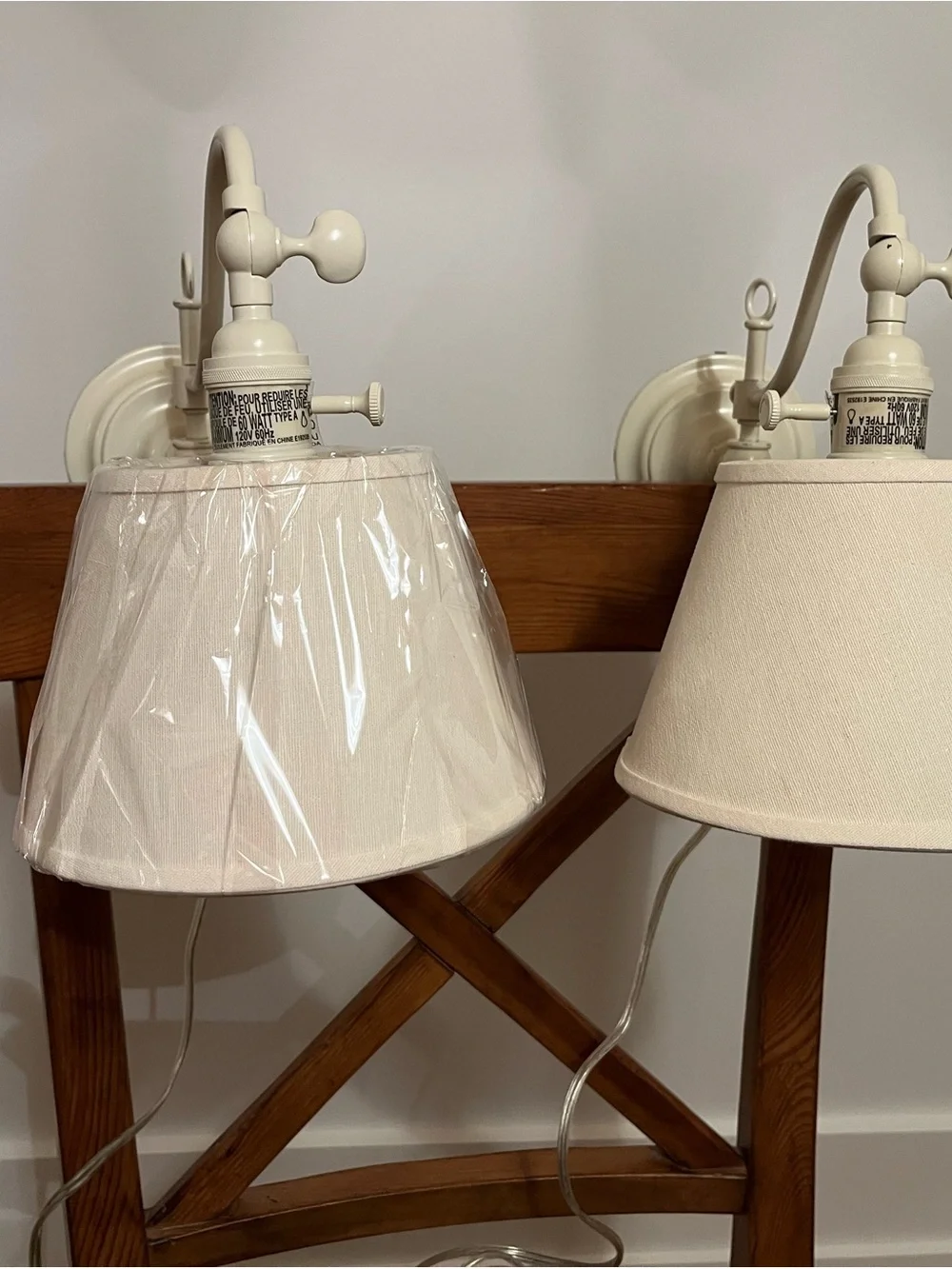 Pottery Barn Cream Metal Adjustable Pair of Wall Sconces & Cream Fabric Shades